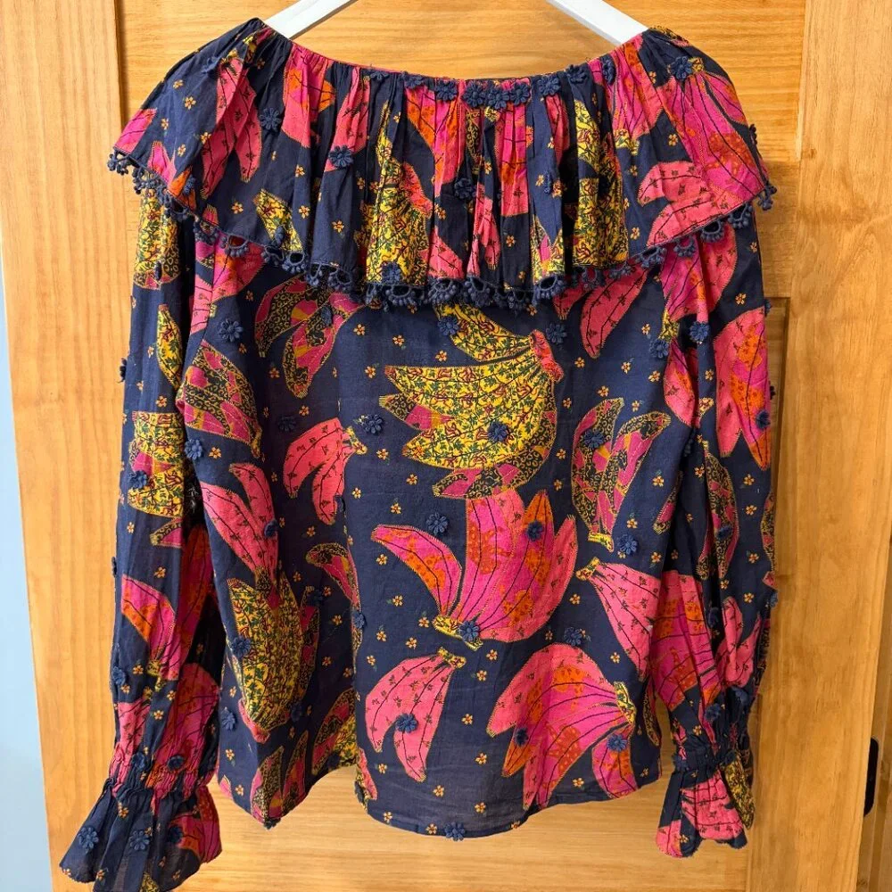 Farm Rio Patchwork Bananas Tie Front Embroidered Boho Navy Blouse Women size XS - Picture 10 of 12